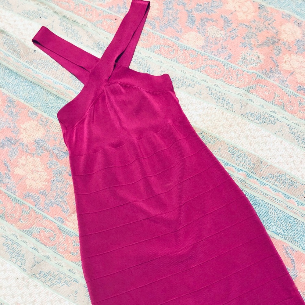 Magenta bodycon halter dress.